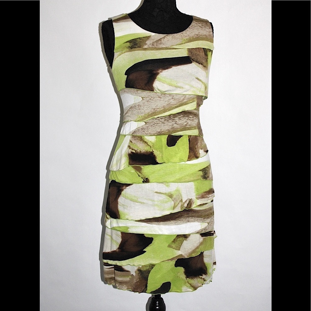 ALFANI green and brown RUFFLE TIERED SLEEVELESS DRESS